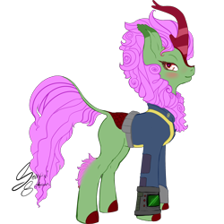 Size: 2502x2502 | Tagged: safe, artist:senpai-satan, derpibooru import, oc, oc only, oc:spring glow, kirin, fallout equestria, commission, female, heart, heart eyes, kirin oc, love, mare, pipbuck, signature, simple background, solo, transparent background, wingding eyes