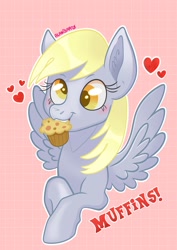 Size: 1448x2048 | Tagged: safe, artist:art_alanis, derpibooru import, derpy hooves, pegasus, pony, cute, derpabetes, floating heart, food, heart, mouth hold, muffin, pink background, simple background, solo