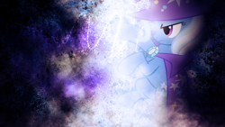 Size: 1920x1080 | Tagged: safe, artist:sandwichhorsearchive, artist:shelltoon, derpibooru import, edit, trixie, pony, unicorn, abstract background, bipedal, cape, clothes, female, frown, grunge, hat, lighting, mare, solo, swirls, trixie's cape, trixie's hat, wallpaper, wallpaper edit