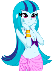 Size: 947x1273 | Tagged: safe, artist:rosemile mulberry, derpibooru import, sonata dusk, human, equestria girls, bare shoulders, belly button, bikini, breasts, cleavage, clothes, cute, female, hands on cheeks, loose hair, sarong, simple background, sleeveless, solo, sonatabetes, swimsuit, updated design, white background