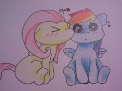 Size: 640x480 | Tagged: safe, artist:fluttersdoodles, derpibooru import, fluttershy, rainbow dash, :o, blushing, female, flutterdash, folded wings, kiss on the cheek, kissing, lesbian, open mouth, shipping, sitting, surprised, traditional art, wings