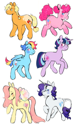 Size: 1203x2047 | Tagged: safe, artist:peachybats, derpibooru import, applejack, fluttershy, pinkie pie, rainbow dash, rarity, twilight sparkle, unicorn twilight, earth pony, pegasus, pony, unicorn, glasses, mane six, redesign, simple background, white background