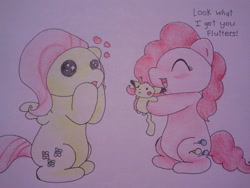 Size: 640x480 | Tagged: safe, artist:fluttersdoodles, derpibooru import, fluttershy, pinkie pie, pikachu, dialogue, eyes closed, heart, hooves on cheeks, plushie, pokémon, sitting, smiling, traditional art