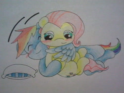 Size: 640x480 | Tagged: safe, artist:fluttersdoodles, derpibooru import, fluttershy, rainbow dash, blushing, eyes closed, female, flutterdash, hug, lesbian, pillow, shipping, smiling, traditional art, winghug, wings