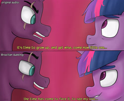 Size: 3057x2480 | Tagged: safe, artist:ulaaviz, derpibooru exclusive, derpibooru import, tempest shadow, twilight sparkle, twilight sparkle (alicorn), alicorn, pony, unicorn, brazil, broken horn, caption, english, eye scar, facial scar, female, horn, lesbian, mare, scar, shipping, tempestlight, text