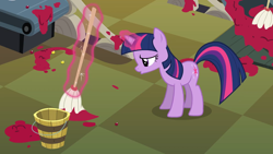 Size: 1920x1080 | Tagged: safe, derpibooru import, screencap, twilight sparkle, unicorn twilight, pony, unicorn, season 2, cleaning, female, magic, mare, mop, solo, telekinesis