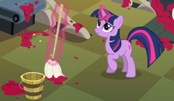 Size: 2318x1351 | Tagged: safe, derpibooru import, screencap, twilight sparkle, unicorn twilight, pony, unicorn, season 2, cleaning, cropped, female, magic, mare, mop, solo, telekinesis