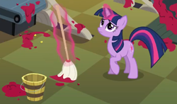 Size: 2044x1203 | Tagged: safe, derpibooru import, screencap, twilight sparkle, unicorn twilight, pony, unicorn, season 2, cleaning, cropped, female, magic, mare, mop, solo, telekinesis