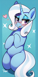Size: 512x1024 | Tagged: safe, derpibooru import, generator:novelai, generator:stable diffusion, machine learning generated, trixie, pony, unicorn, blushing, cute, diatrixes, female, heart, horn, looking at you, mare, solo, sparkles
