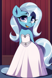 Size: 768x1152 | Tagged: safe, derpibooru import, generator:novelai, generator:stable diffusion, machine learning generated, trixie, semi-anthro, clothes, cute, diatrixes, dress, female, looking at you, open mouth, solo, wedding dress