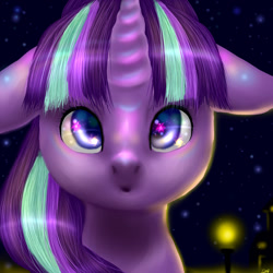 Size: 1024x1024 | Tagged: safe, artist:kinjareta, derpibooru import, starlight glimmer, pony, unicorn, female, looking at you, mare, simple background, solo, starry background, starry eyes, wingding eyes