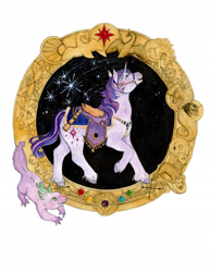 Size: 1800x2329 | Tagged: safe, artist:birman-ink, derpibooru import, spike, twilight sparkle, saddle, simple background, stars, tack, traditional art, watercolor painting, white background