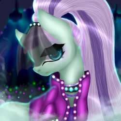 Size: 1024x1024 | Tagged: safe, artist:kinjareta, derpibooru import, coloratura, earth pony, pony, clothes, collar, countess coloratura, female, jacket, looking at you, mare, musician, night, side view, solo