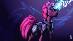 Size: 1920x1080 | Tagged: safe, artist:ppprinceran, derpibooru import, tempest shadow, pony, unicorn, armor, broken horn, electricity, eye scar, facial scar, horn, magic, scar, solo