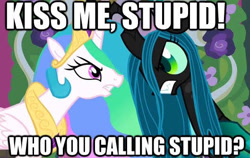 Size: 529x334 | Tagged: safe, derpibooru import, edit, princess celestia, queen chrysalis, alicorn, changeling, changeling queen, caption, image macro, looking at each other, looking at someone, stare, text