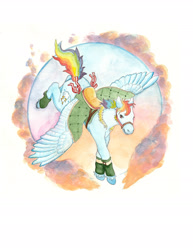 Size: 1800x2329 | Tagged: safe, artist:birman-ink, derpibooru import, rainbow dash, flying, saddle, simple background, solo, tack, traditional art, watercolor painting, white background
