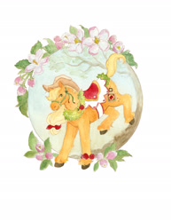 Size: 1800x2329 | Tagged: safe, artist:birman-ink, derpibooru import, applejack, applejack's hat, clothes, cowboy hat, flower, hat, saddle, simple background, solo, tack, traditional art, watercolor painting, white background