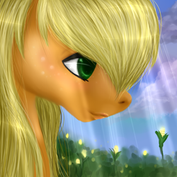 Size: 2000x2000 | Tagged: safe, artist:kinjareta, derpibooru import, applejack, earth pony, pony, blurry background, bust, looking offscreen, portrait, side view, solo