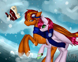 Size: 1023x807 | Tagged: safe, artist:kinjareta, derpibooru import, oc, oc only, oc:strawberry glimmer, oc:tech talk, bat pony, insect, moth, bat pony oc, blurry background, couple, female, male, mare, snow, snowfall, stallion