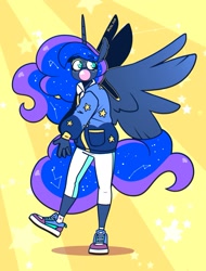 Size: 1543x2025 | Tagged: safe, artist:lrusu, derpibooru import, princess luna, alicorn, anthro, abstract background, bubblegum, clothes, food, gum, leggings, shoes, sneakers, socks, solo, sweater