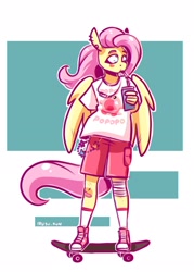 Size: 1465x2048 | Tagged: safe, artist:lrusu, derpibooru import, fluttershy, anthro, pegasus, clothes, ear piercing, earring, jewelry, piercing, shirt, shoes, shorts, skateboard, sneakers, socks, solo, t-shirt