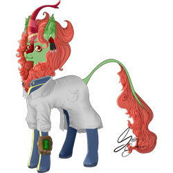 Size: 2216x2216 | Tagged: safe, artist:senpai-satan, derpibooru import, oc, oc only, oc:spring glow, kirin, fallout equestria, clothes, commission, female, jumpsuit, kirin oc, lab coat, mare, pipbuck, signature, simple background, solo, transparent background, vault suit