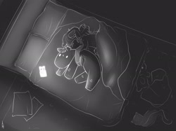 Size: 2267x1700 | Tagged: safe, artist:mantequiademani, derpibooru import, oc, oc only, earth pony, pony, bed, cellphone, grayscale, monochrome, phone, pillow, plushie, sleeping, smartphone, solo