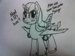 Size: 2048x1529 | Tagged: artist needed, safe, derpibooru import, oc, oc only, original species, plane pony, pony, airbus, airbus a300-600, aircraft, beluga, female, mare, marker drawing, photo, plane, simple background, solo, solo female, standing, talking to viewer, traditional art, white background