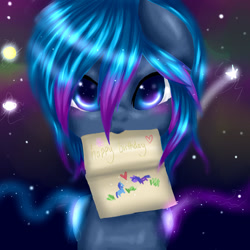 Size: 1024x1024 | Tagged: safe, artist:kinjareta, derpibooru import, oc, oc only, pony, birthday, birthday card, gift art, looking at you, mouth hold, shooting star, solo, starry night