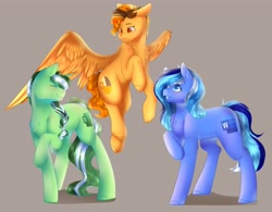 Size: 4096x3197 | Tagged: safe, artist:mantequiademani, derpibooru import, oc, oc only, earth pony, pegasus, pony, unicorn, simple background, trio