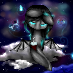 Size: 1024x1024 | Tagged: safe, artist:kinjareta, derpibooru import, oc, oc only, oc:ember, bat pony, bat pony oc, complex background, crying, sad, solo, spread wings, starry night, wings