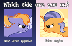 Size: 880x560 | Tagged: safe, artist:melisareb, derpibooru exclusive, derpibooru import, oc, oc only, oc:imperii solem (empirica sol), oc:lunae novae (new luna), pony, unicorn, .svg available, angry, april fools 2023, derpibooru, derpibooru ponified, duo, duo female, ethereal mane, female, gradient mane, implied princess celestia, implied princess luna, looking at each other, looking at someone, mare, meme, meta, new lunar republic, ponified, ponified meme, sibling rivalry, siblings, sisters, solar empire, species swap, svg, vector, which side are you on?