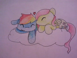 Size: 640x480 | Tagged: safe, artist:fluttersdoodles, derpibooru import, fluttershy, rainbow dash, ^^, cloud, eyes closed, forehead kiss, heart, kissing, lying down, lying on a cloud, on a cloud, smiling