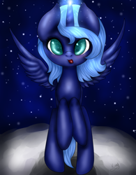 Size: 1024x1315 | Tagged: safe, artist:kinjareta, derpibooru import, princess luna, alicorn, pony, female, looking at you, mare, moon, night, on the moon, solo, starry background, tongue, tongue out