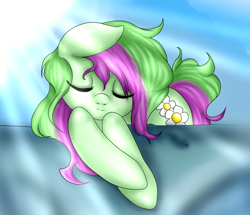 Size: 1024x880 | Tagged: safe, artist:kinjareta, derpibooru import, oc, oc only, oc:spring flower, earth pony, cute, earth pony oc, eyes closed, female, lying down, mare, prone, simple background, sleeping, solo