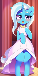 Size: 512x1024 | Tagged: safe, derpibooru import, generator:novelai, generator:stable diffusion, machine learning generated, trixie, semi-anthro, unicorn, blushing, clothes, curtains, female, horn, open mouth, solo