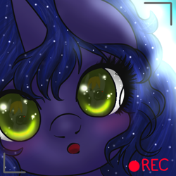 Size: 450x450 | Tagged: safe, artist:kinjareta, derpibooru import, oc, oc only, unicorn, bust, camera, ethereal mane, female, looking at you, mare, portrait, solo, starry eyes, starry mane, wingding eyes