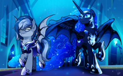 Size: 1020x632 | Tagged: safe, artist:dormin-dim, derpibooru import, nightmare moon, oc, oc:midnight snowstorm, alicorn, bat pony, bat pony alicorn, pony, armor, bat pony oc, bat wings, breastplate, commission, duo, ethereal mane, female, hoof shoes, horn, male, mare, moonlight, night, plate armor, royal guard, royal guard armor, spread wings, stallion, two toned hair, walking, wings, ych result