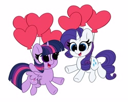 Size: 4096x3273 | Tagged: safe, artist:kittyrosie, derpibooru import, rarity, twilight sparkle, twilight sparkle (alicorn), alicorn, pony, unicorn, balloon, female, holiday, lesbian, open mouth, rarilight, shipping, simple background, valentine's day, white background