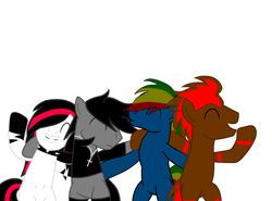 Size: 1820x1350 | Tagged: safe, artist:ruchiyoto, derpibooru import, oc, oc only, oc:black cross, oc:emala jiss, oc:rainbow storm, oc:tootise4ever, pegasus, pony, unicorn, zebra, group hug, hug, simple background, white background