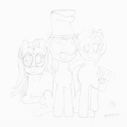 Size: 1920x1920 | Tagged: safe, artist:moon flower, derpibooru import, oc, oc only, oc:darkest hour, oc:moon flower, oc:noble pinions, alicorn, earth pony, pony, friendship is magic, 2019, clothes, derp, equine, female, feral, front view, ghastly gibbus (tf2), goggles, grayscale, group, hair, hasbro, hat, holding, hoof hold, hooves, horn, lineart, long hair, looking at you, lying down, mammal, mane, mare, monochrome, nope, pencil drawing, pyrovision goggles (tf2), raised leg, sign, silly face, simple background, sitting, smiling, standing, star (facial marking), tail, team fortress 2, torn clothes, traditional art, trio