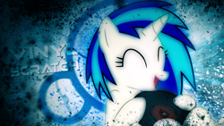 Size: 1920x1080 | Tagged: safe, artist:namelesshero2222, artist:tygerxl, derpibooru import, edit, dj pon-3, vinyl scratch, pony, unicorn, abstract background, circle, eyes closed, female, grunge, happy, mare, name, open mouth, open smile, record, smiling, solo, wallpaper, wallpaper edit