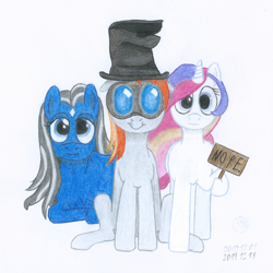 Size: 1920x1920 | Tagged: safe, artist:moon flower, derpibooru import, oc, oc only, oc:darkest hour, oc:moon flower, oc:noble pinions, alicorn, earth pony, pony, friendship is magic, 2019, clothes, colored, colored pencil drawing, derp, equine, female, feral, front view, ghastly gibbus (tf2), goggles, group, hair, hasbro, hat, holding, hoof hold, hooves, horn, long hair, looking at you, lying down, mammal, mane, mare, nope, pencil drawing, pyrovision goggles (tf2), raised leg, sign, silly face, simple background, sitting, smiling, standing, star (facial marking), tail, team fortress 2, torn clothes, traditional art, trio