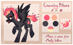 Size: 1600x1000 | Tagged: safe, artist:lambydwight, derpibooru import, oc, oc only, oc:warming blaze, pegasus, pony, mane of fire, reference sheet