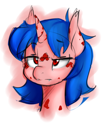 Size: 650x775 | Tagged: safe, artist:jovalic, derpibooru import, oc, oc only, oc:frosty flare, unicorn, fangs, female, horn, poker face, spotted, unicorn oc