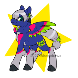 Size: 640x640 | Tagged: safe, artist:thiscatdraws, derpibooru import, pony, anime, black hooves, blue skin, blue wings, closed mouth, colored wings, cutie mark, ear piercing, earring, fur, gray hooves, gray mane, gray skin, gray wings, green eyes, green wings, grey hair, hooves, jewelry, jodio joestar, jojo's bizarre adventure, looking at you, male, multicolored skin, multicolored wings, piercing, pink wings, ponified, ponytail, signature, simple background, solo, species swap, stars, the jojolands, watermark, white background, wings