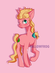 Size: 2435x3235 | Tagged: artist needed, safe, derpibooru import, pony, anime, blonde, blonde hair, blonde mane, blue eyes, braid, closed mouth, curly hair, cutie mark, eyelashes, giorno giovanna, golden wind, horn, jojo's bizarre adventure, leaf, looking at you, meta, pink background, pink skin, ponified, simple background, species swap, twitter, twitter link, vento aureo, watermark, wavy mane