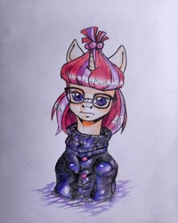 Size: 1080x1350 | Tagged: safe, artist:kotle1ka, derpibooru import, moondancer, pony, unicorn, glasses, jumper, simple background, solo, traditional art, white background