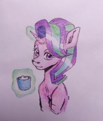 Size: 581x683 | Tagged: safe, artist:kotle1ka, derpibooru import, starlight glimmer, pony, unicorn, cup, food, magic, simple background, solo, tea, teacup, telekinesis, traditional art, white background