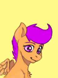 Size: 768x1024 | Tagged: safe, artist:kotle1ka, derpibooru import, scootaloo, pegasus, pony, bust, portrait, simple background, solo, yellow background